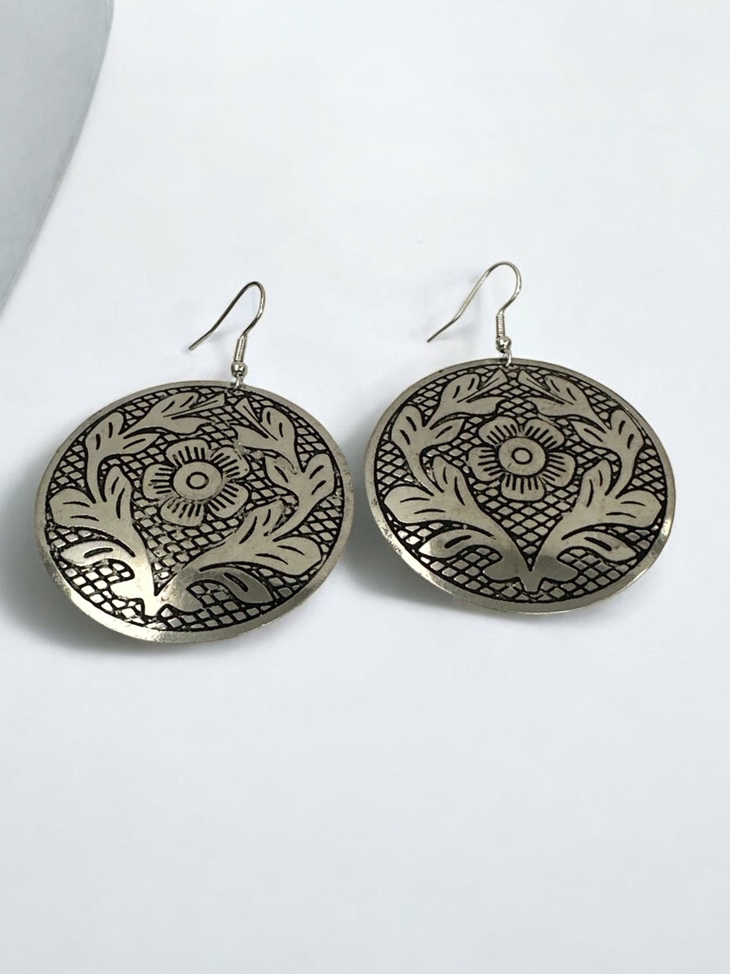 Lightweight Engraved Round Silver Plated Brass Metal Dangle Ethnic Earrings - Fatisha Boutique