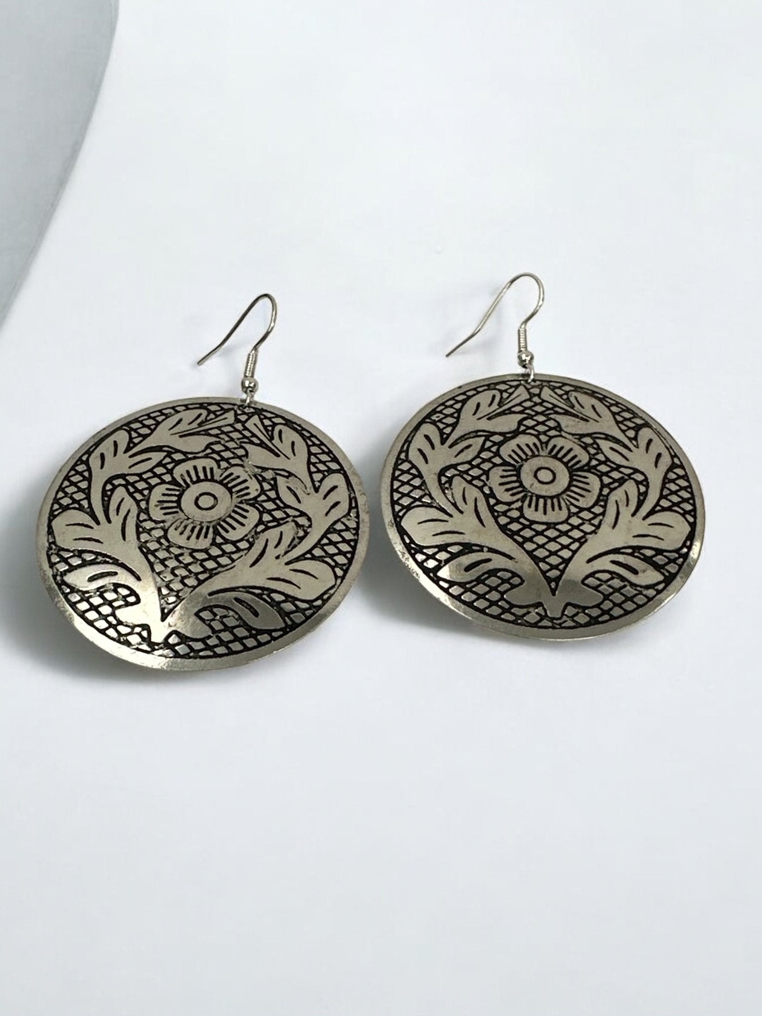 Lightweight Engraved Round Silver Plated Brass Metal Dangle Ethnic Earrings - Fatisha Boutique