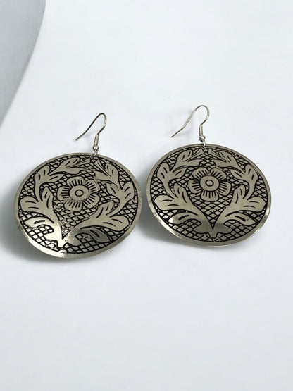 Lightweight Engraved Round Silver Plated Brass Metal Dangle Ethnic Earrings - Fatisha Boutique