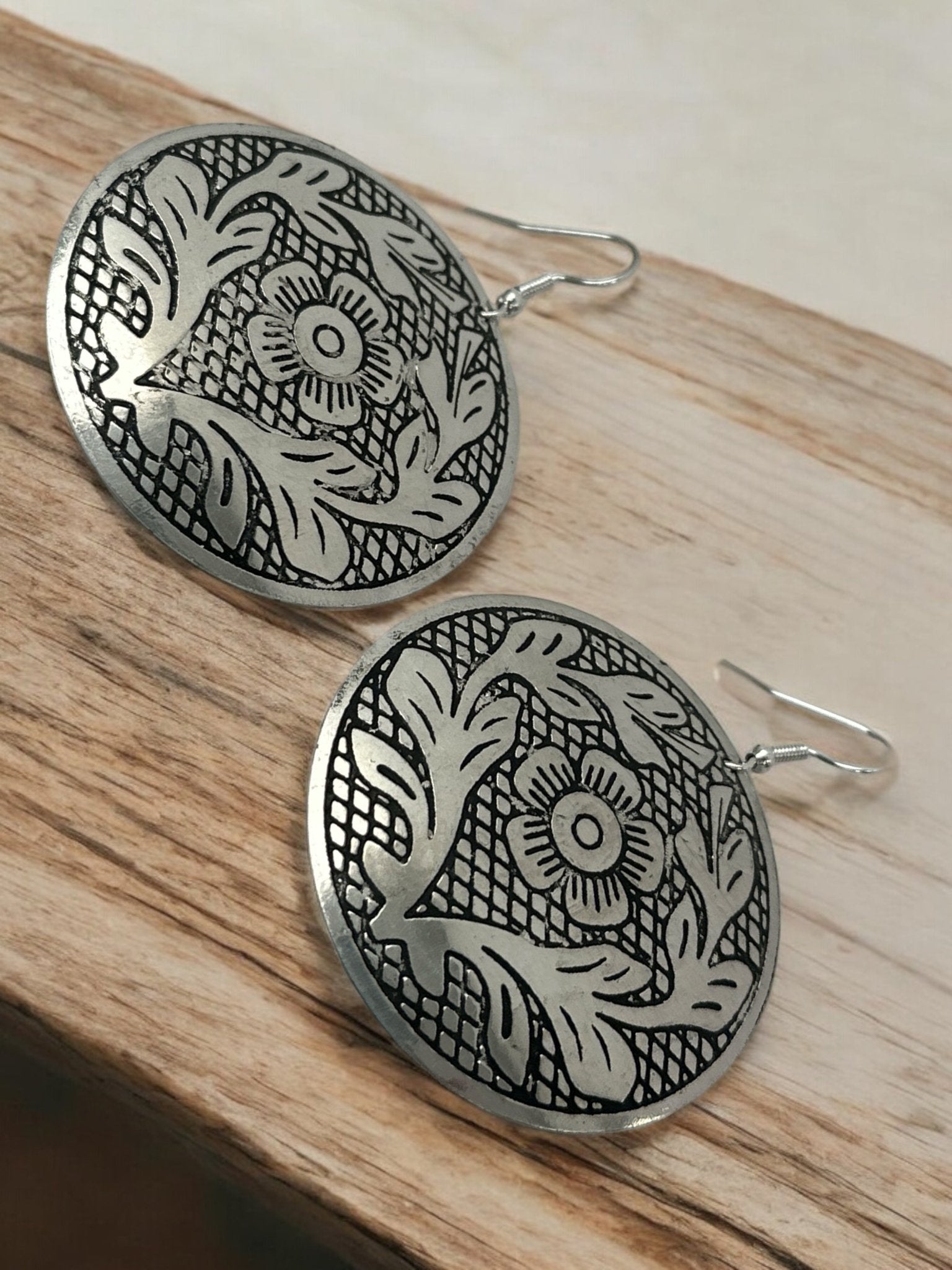 Lightweight Engraved Round Silver Plated Brass Metal Dangle Ethnic Earrings - Fatisha Boutique