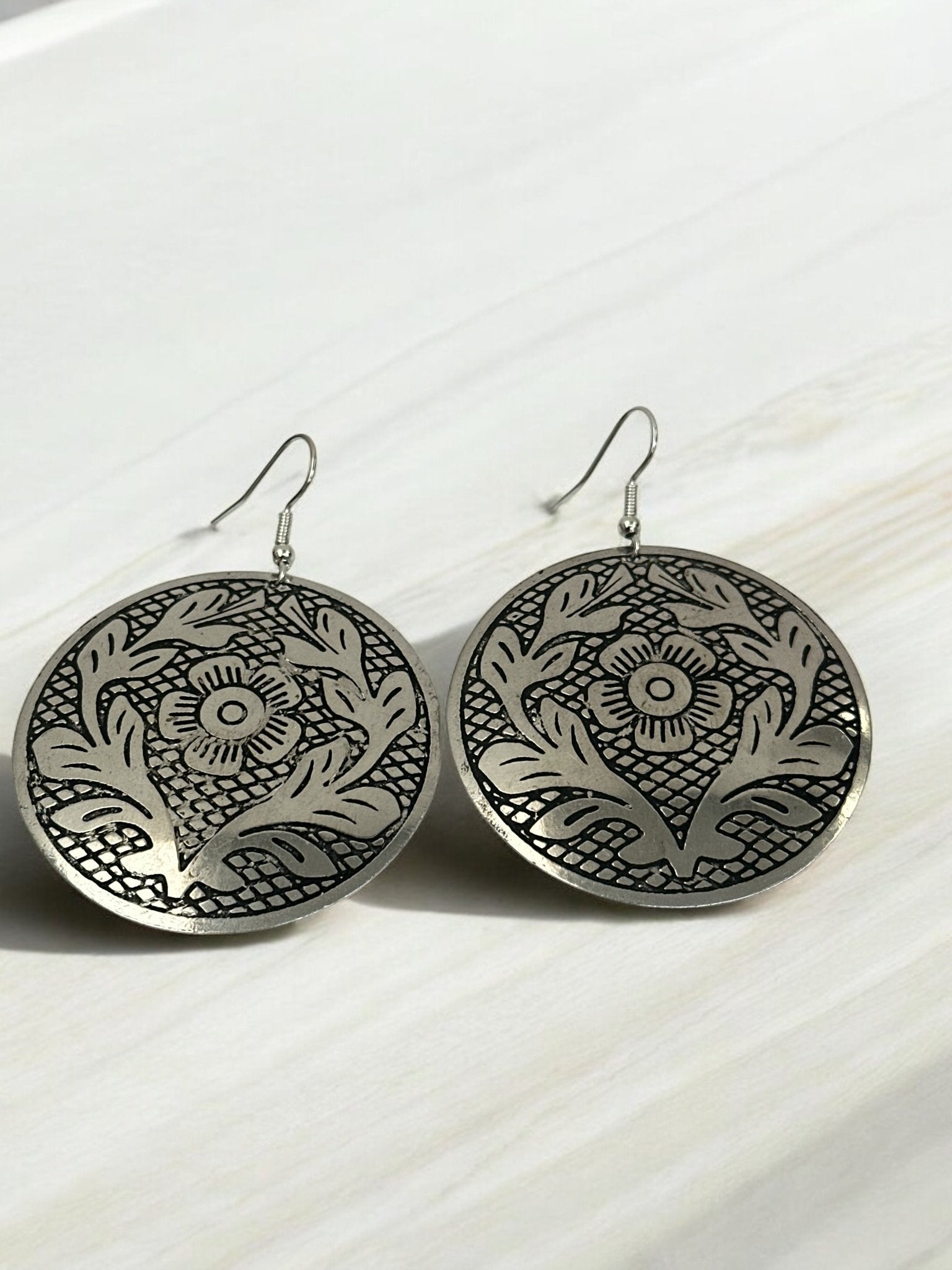 Lightweight Engraved Round Silver Plated Brass Metal Dangle Ethnic Earrings - Fatisha Boutique