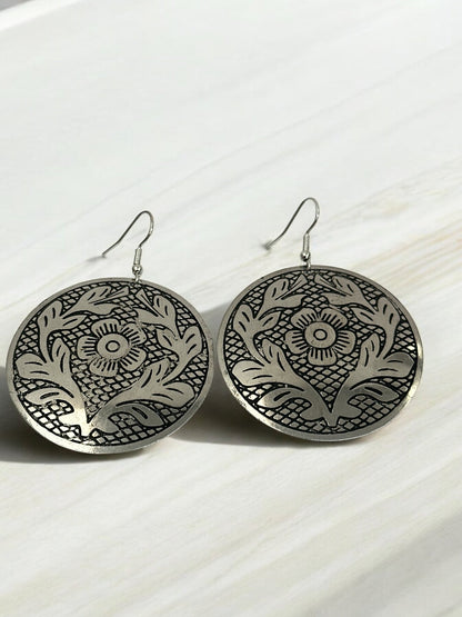 Lightweight Engraved Round Silver Plated Brass Metal Dangle Ethnic Earrings - Fatisha Boutique