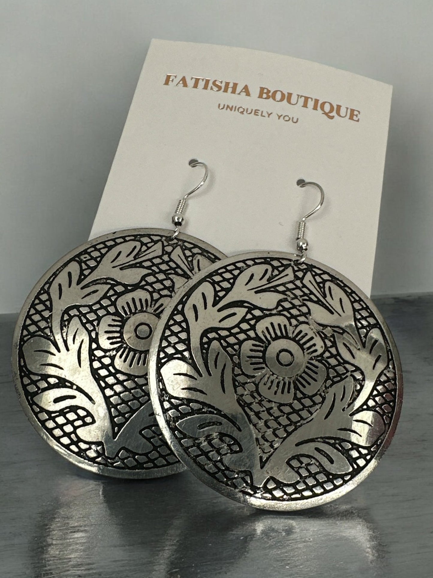 Lightweight Engraved Round Silver Plated Brass Metal Dangle Ethnic Earrings - Fatisha Boutique