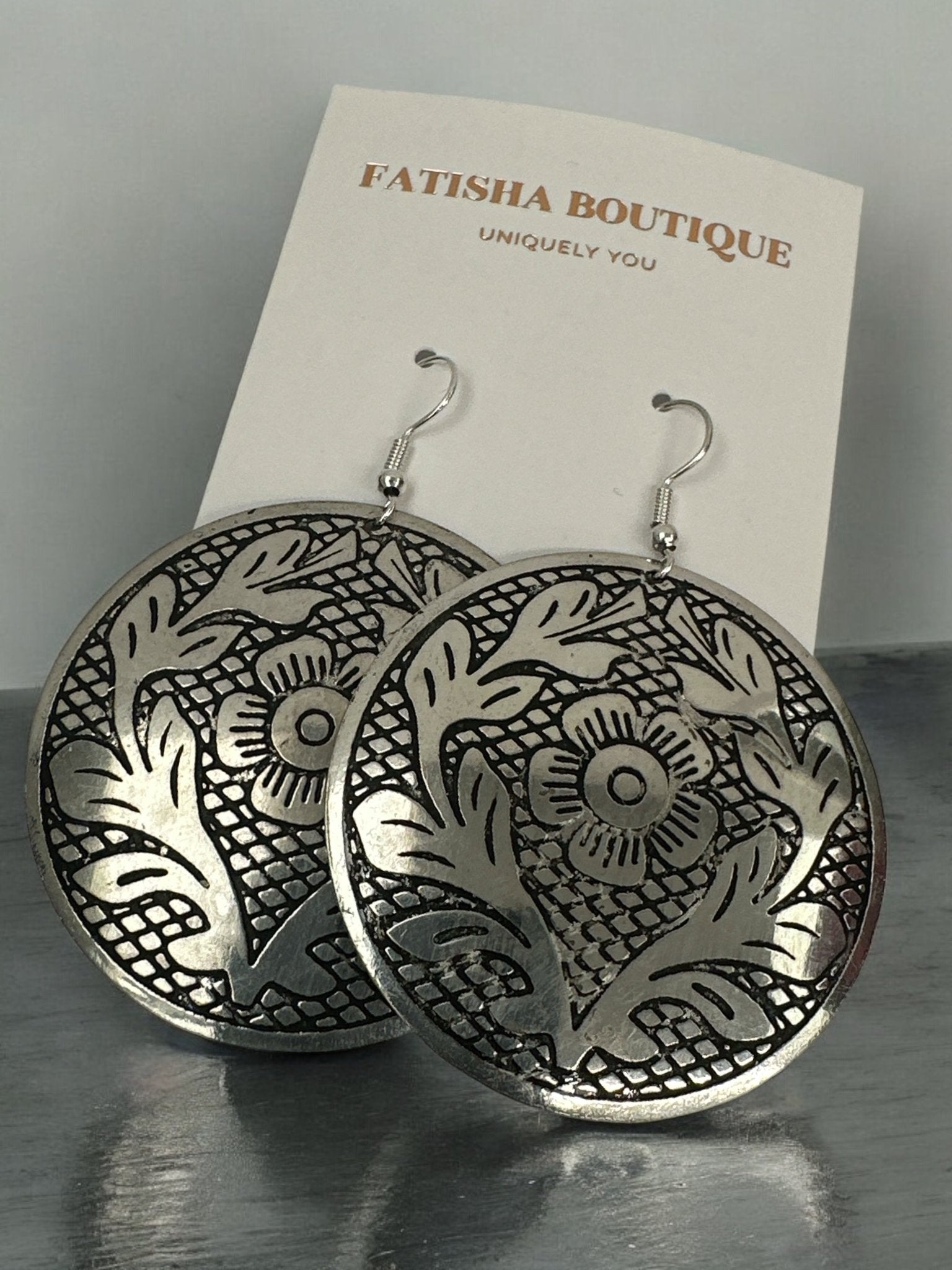 Lightweight Engraved Round Silver Plated Brass Metal Dangle Ethnic Earrings - Fatisha Boutique