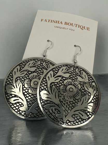 Lightweight Engraved Round Silver Plated Brass Metal Dangle Ethnic Earrings - Fatisha Boutique