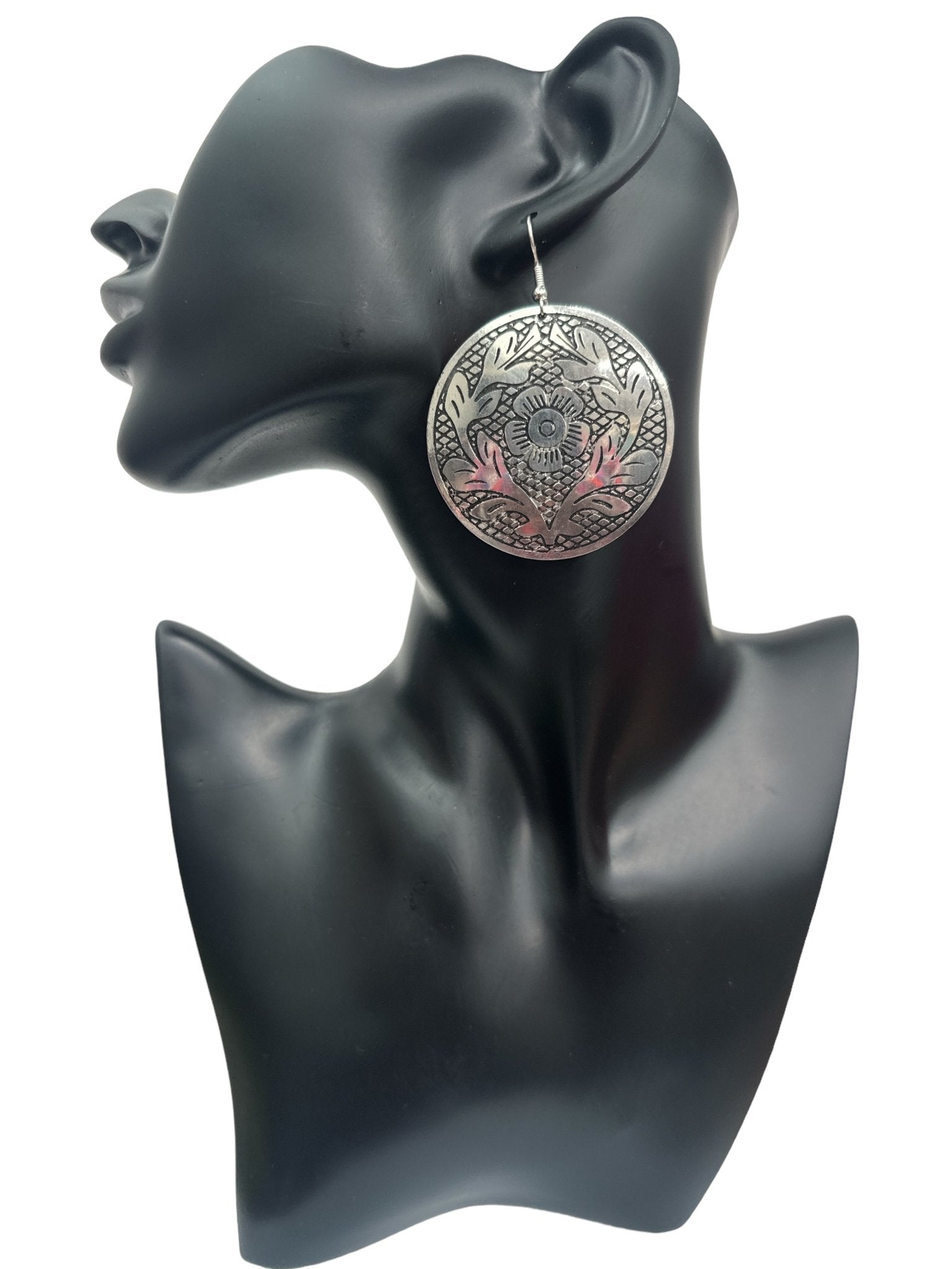 Lightweight Engraved Round Silver Plated Brass Metal Dangle Ethnic Earrings - Fatisha Boutique
