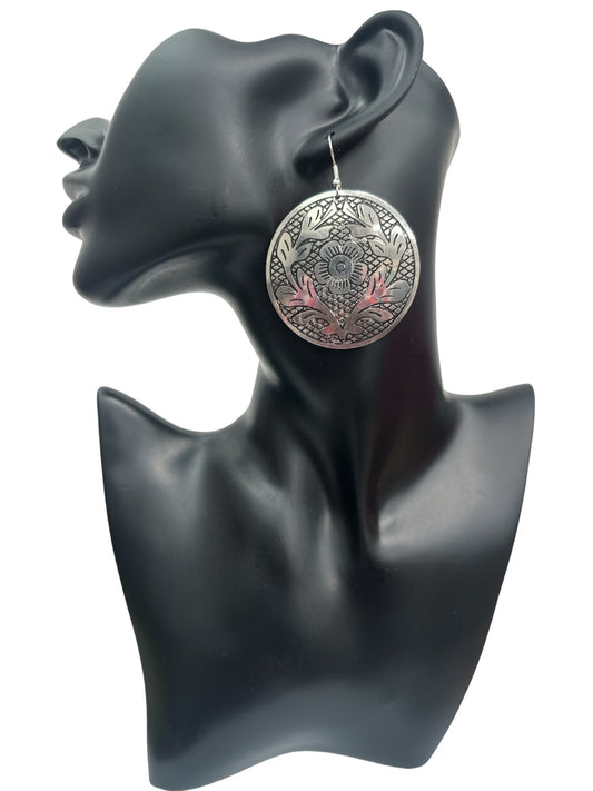Lightweight Engraved Round Silver Plated Brass Metal Dangle Ethnic Earrings - Fatisha Boutique