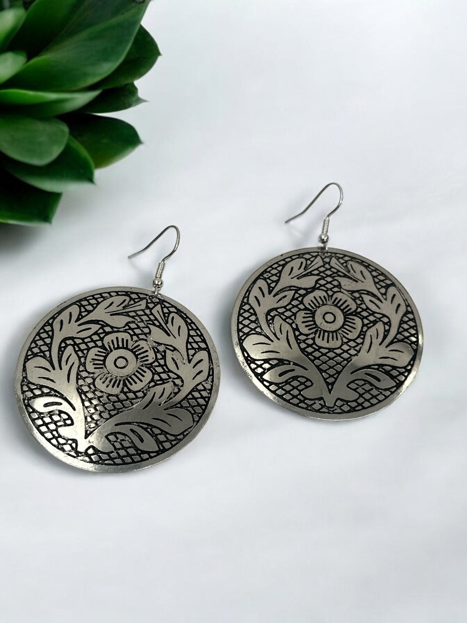 Lightweight Engraved Round Silver Plated Brass Metal Dangle Ethnic Earrings - Fatisha Boutique