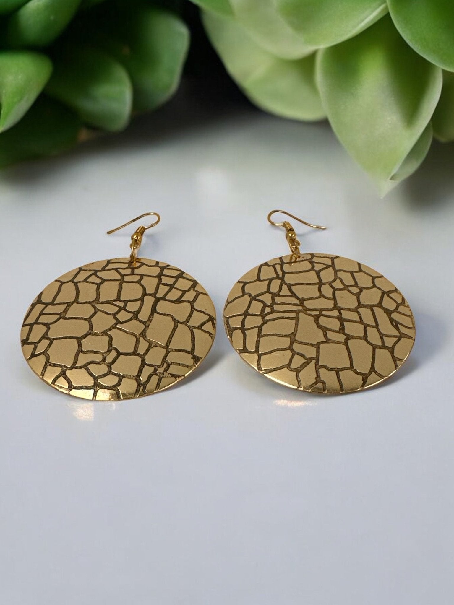 Lightweight Textured Disc Design Brass Dangle Earrings - Fatisha Boutique