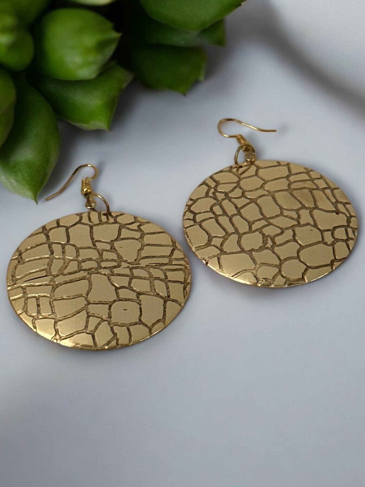 Lightweight Textured Disc Design Brass Dangle Earrings - Fatisha Boutique