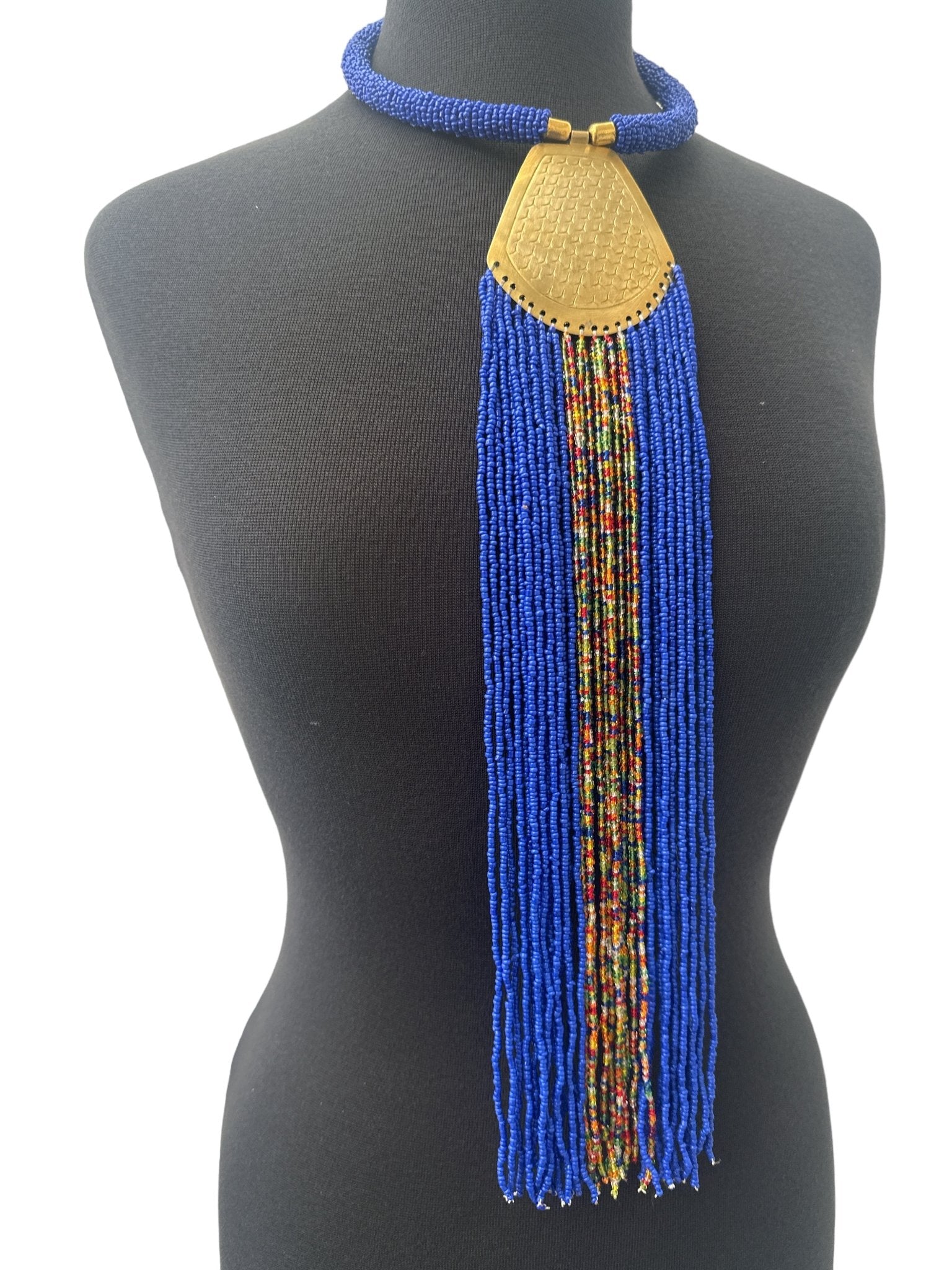 Long African Authentic Engraved Brass Blue Beaded Fringe Pendant Necklace - Fatisha Boutique