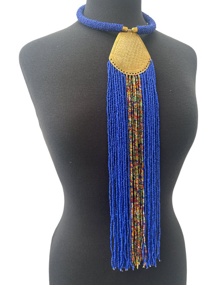 Long African Authentic Engraved Brass Blue Beaded Fringe Pendant Necklace - Fatisha Boutique