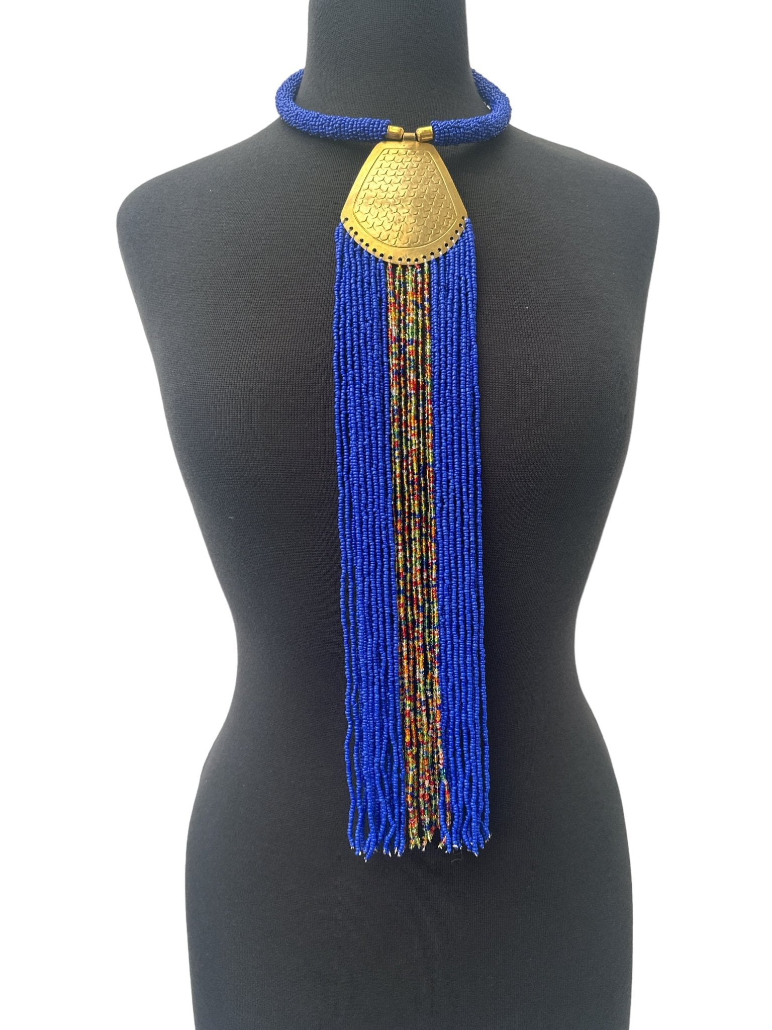 Long African Authentic Engraved Brass Blue Beaded Fringe Pendant Necklace - Fatisha Boutique