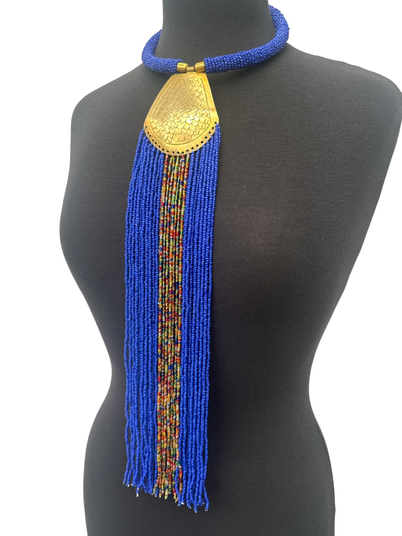 Long African Authentic Engraved Brass Blue Beaded Fringe Pendant Necklace - Fatisha Boutique