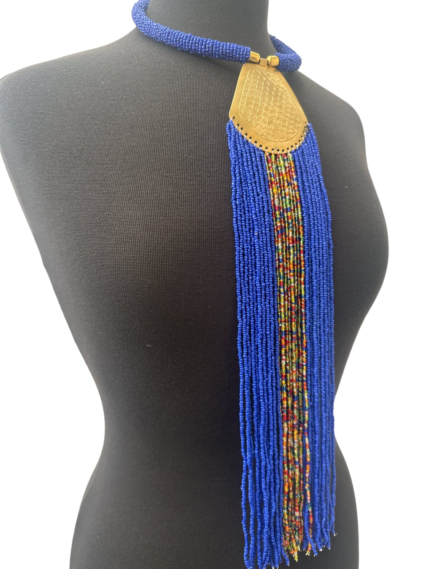 Long African Authentic Engraved Brass Blue Beaded Fringe Pendant Necklace - Fatisha Boutique