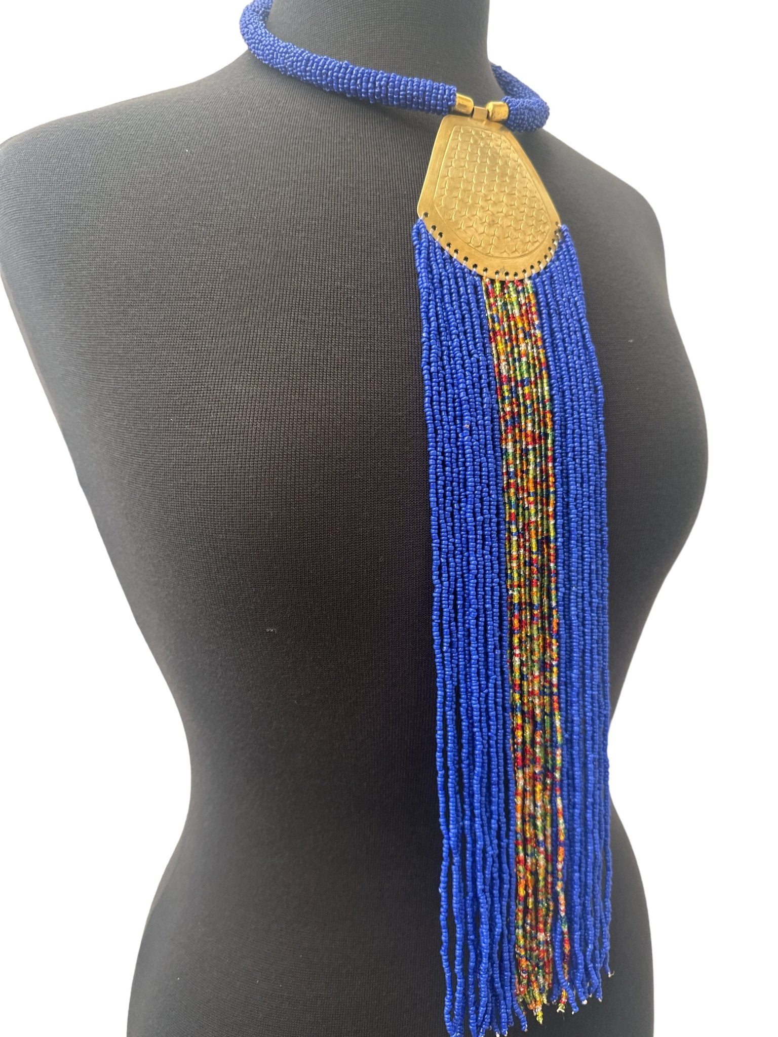 Long African Authentic Engraved Brass Blue Beaded Fringe Pendant Necklace - Fatisha Boutique