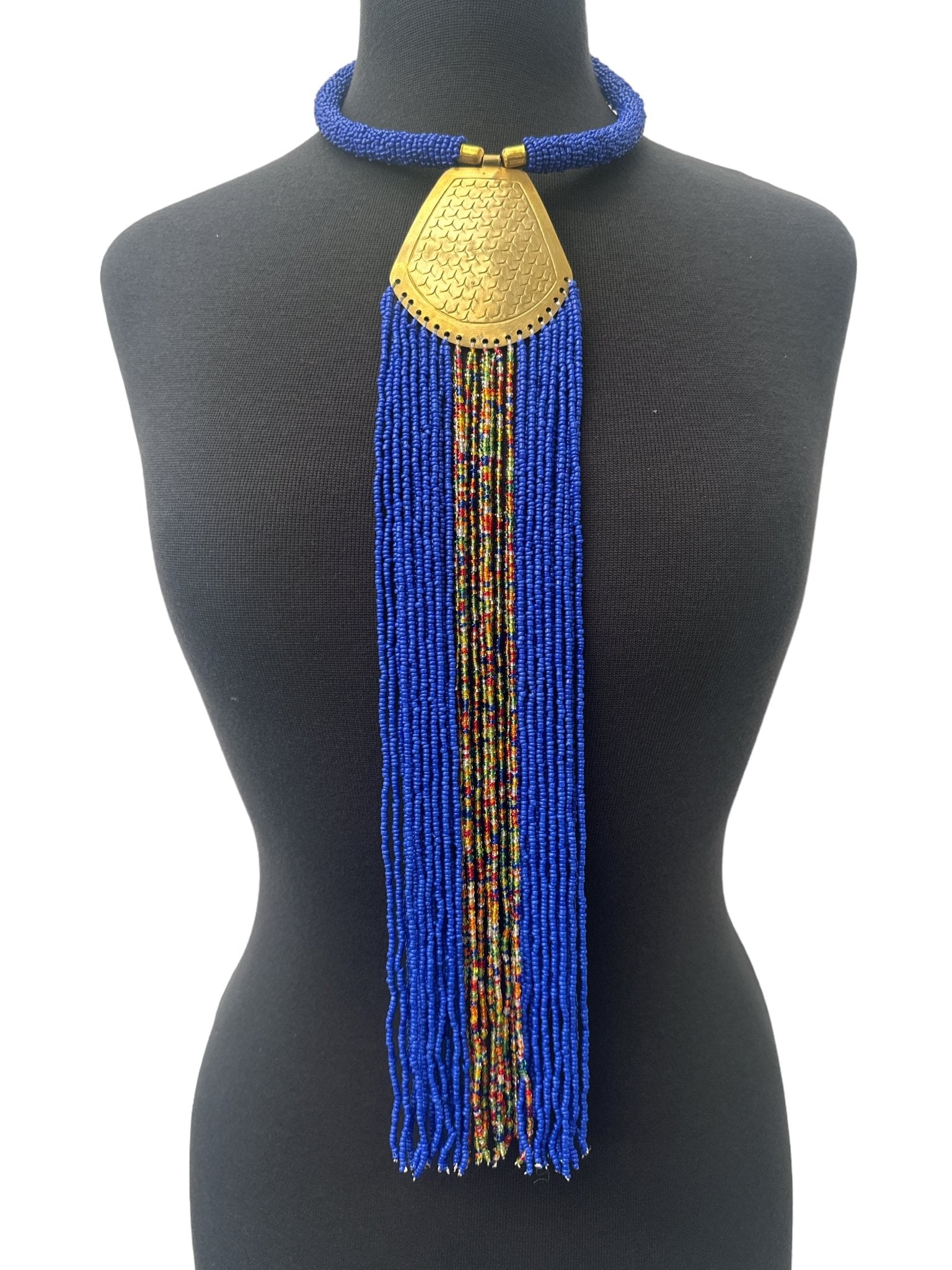 Long African Authentic Engraved Brass Blue Beaded Fringe Pendant Necklace - Fatisha Boutique