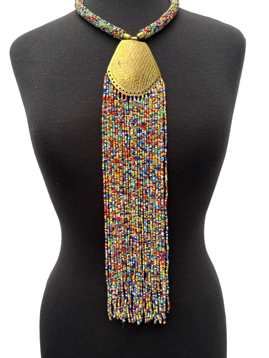 Long Authentic African Engraved Brass Multicolours Beaded Fringe Pendant Necklace - Fatisha Boutique
