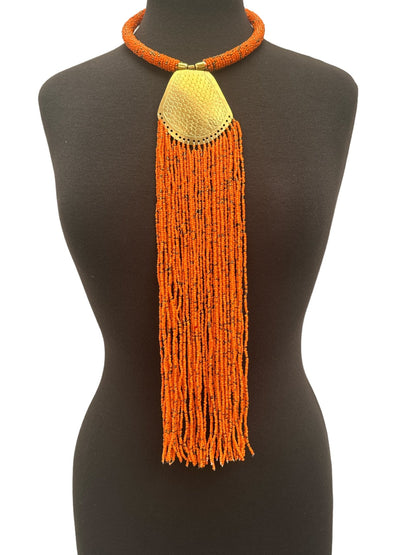 Long Authentic African Engraved Brass Orange Beaded Fringe Pendant Necklace - Fatisha Boutique