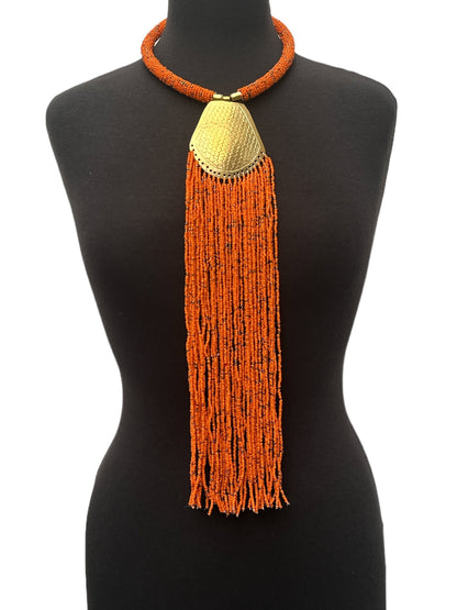 Long Authentic African Engraved Brass Orange Beaded Fringe Pendant Necklace - Fatisha Boutique