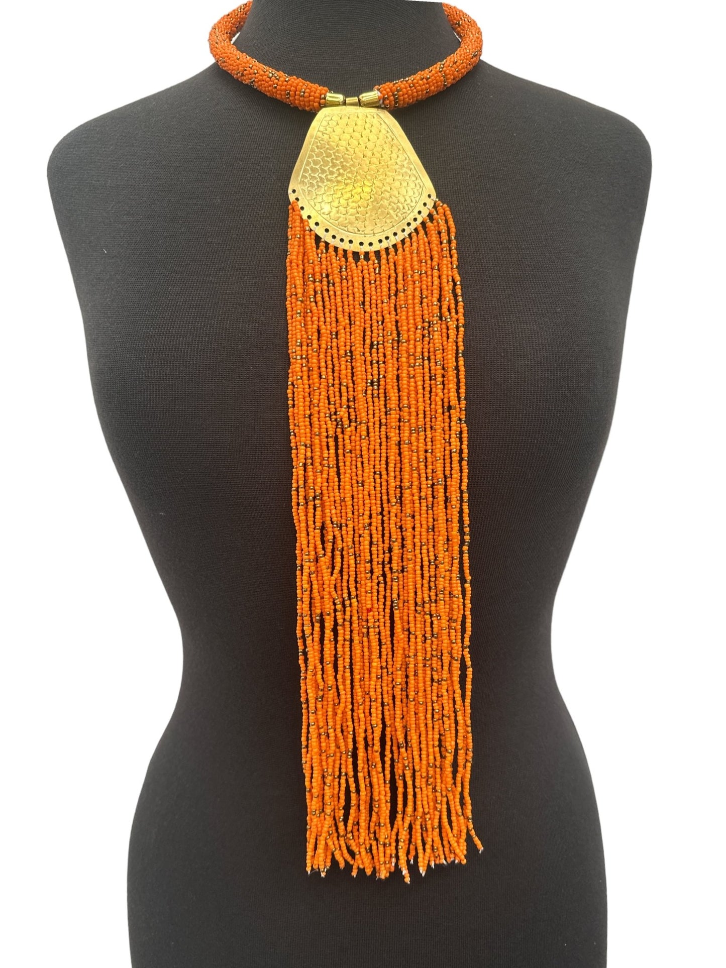 Long Authentic African Engraved Brass Orange Beaded Fringe Pendant Necklace - Fatisha Boutique