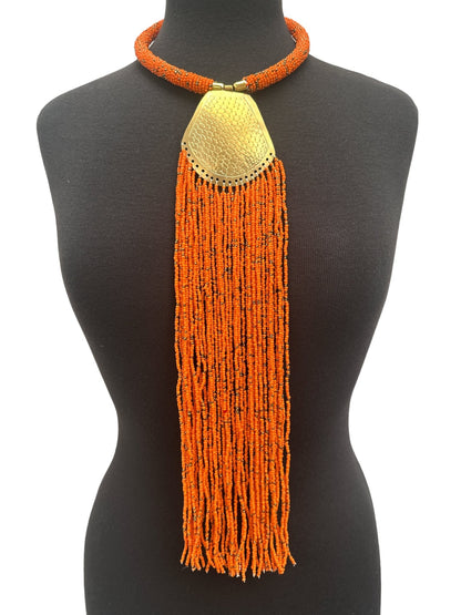 Long Authentic African Engraved Brass Orange Beaded Fringe Pendant Necklace - Fatisha Boutique
