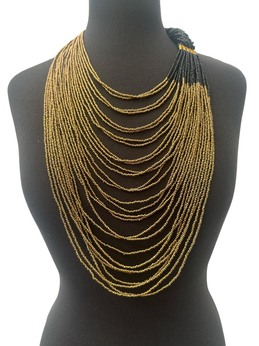 Long Black And Gold Braided Beaded Necklace - Fatisha Boutique