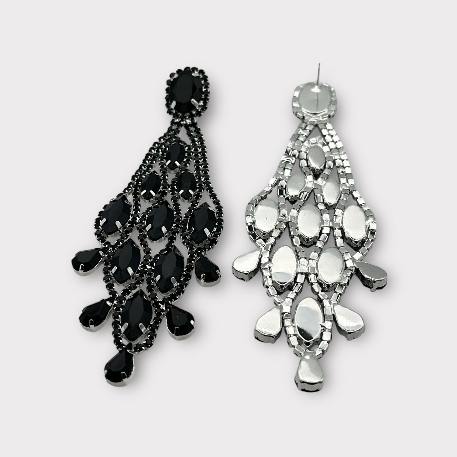Long Black Glamorous Diamante Rhinestone Teardrop Tassel Statement Earrings - Fatisha Boutique
