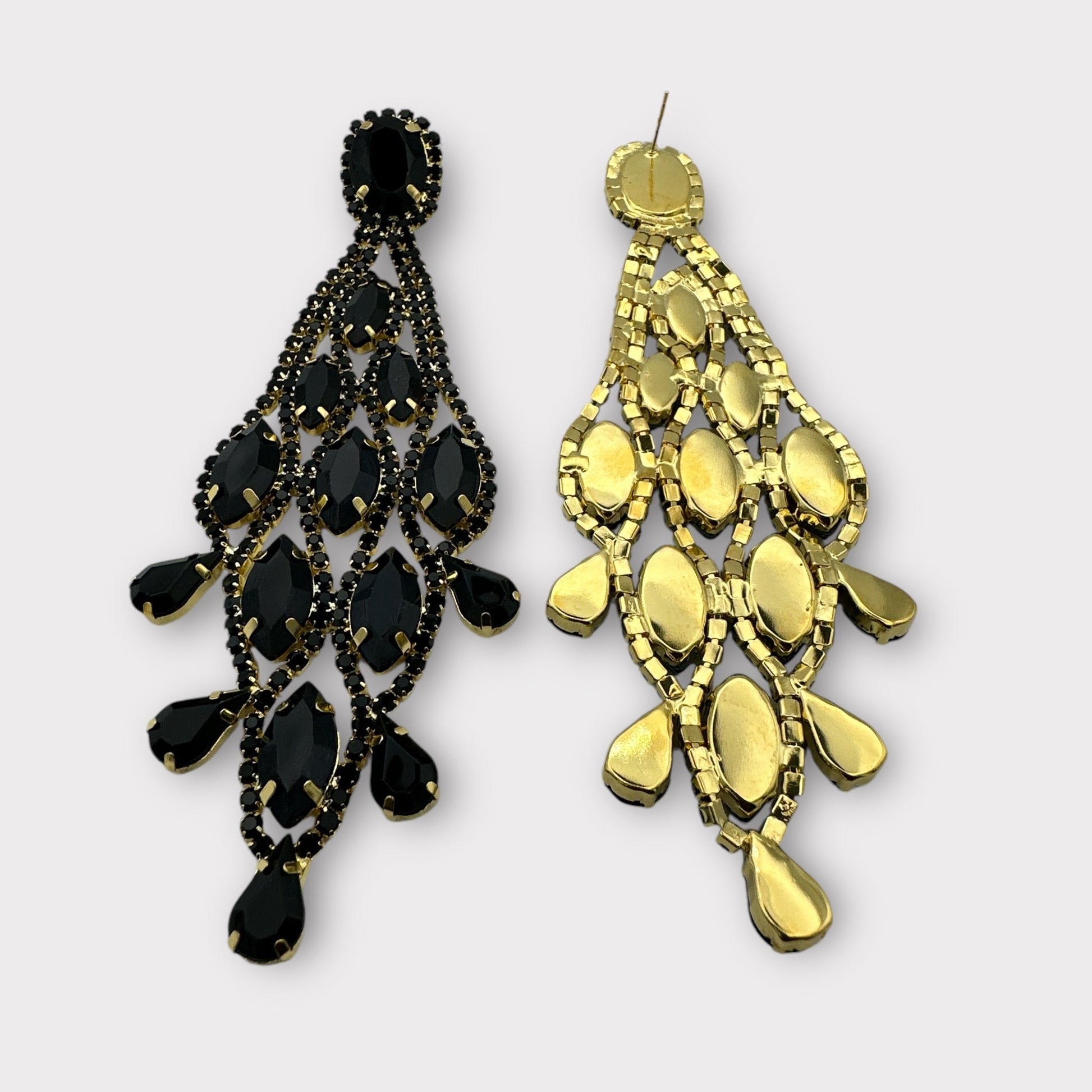 Long Black Glamorous Diamante Rhinestone Teardrop Tassel Statement Earrings - Fatisha Boutique