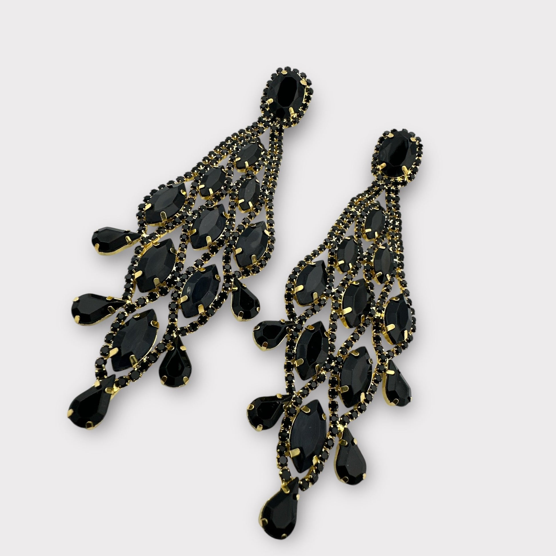Long Black Glamorous Diamante Rhinestone Teardrop Tassel Statement Earrings - Fatisha Boutique
