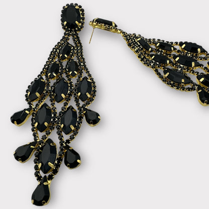 Long Black Glamorous Diamante Rhinestone Teardrop Tassel Statement Earrings - Fatisha Boutique