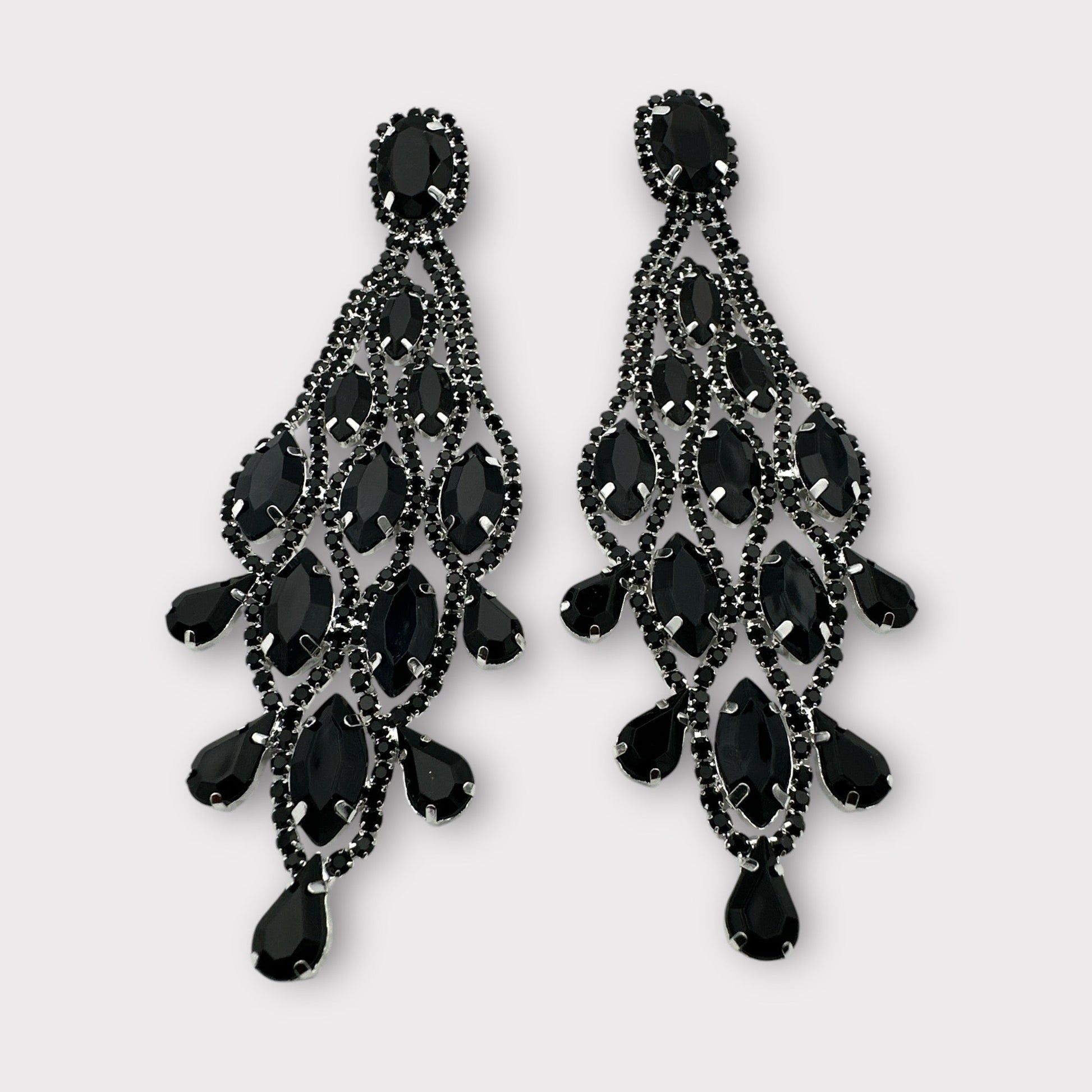 Long Black Glamorous Diamante Rhinestone Teardrop Tassel Statement Earrings - Fatisha Boutique