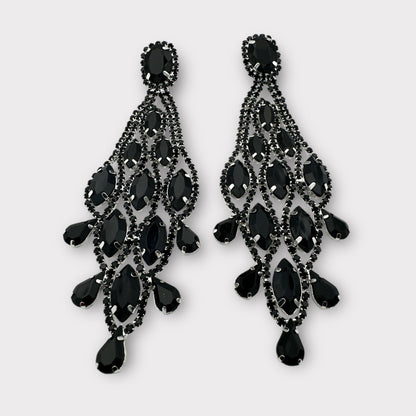 Long Black Glamorous Diamante Rhinestone Teardrop Tassel Statement Earrings - Fatisha Boutique