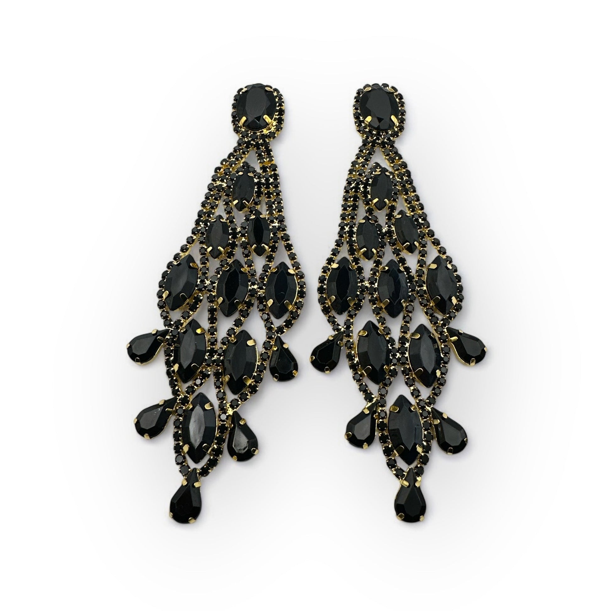 Long Black Glamorous Diamante Rhinestone Teardrop Tassel Statement Earrings - Fatisha Boutique