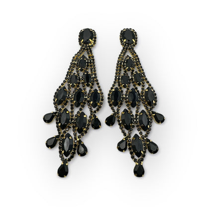 Long Black Glamorous Diamante Rhinestone Teardrop Tassel Statement Earrings - Fatisha Boutique
