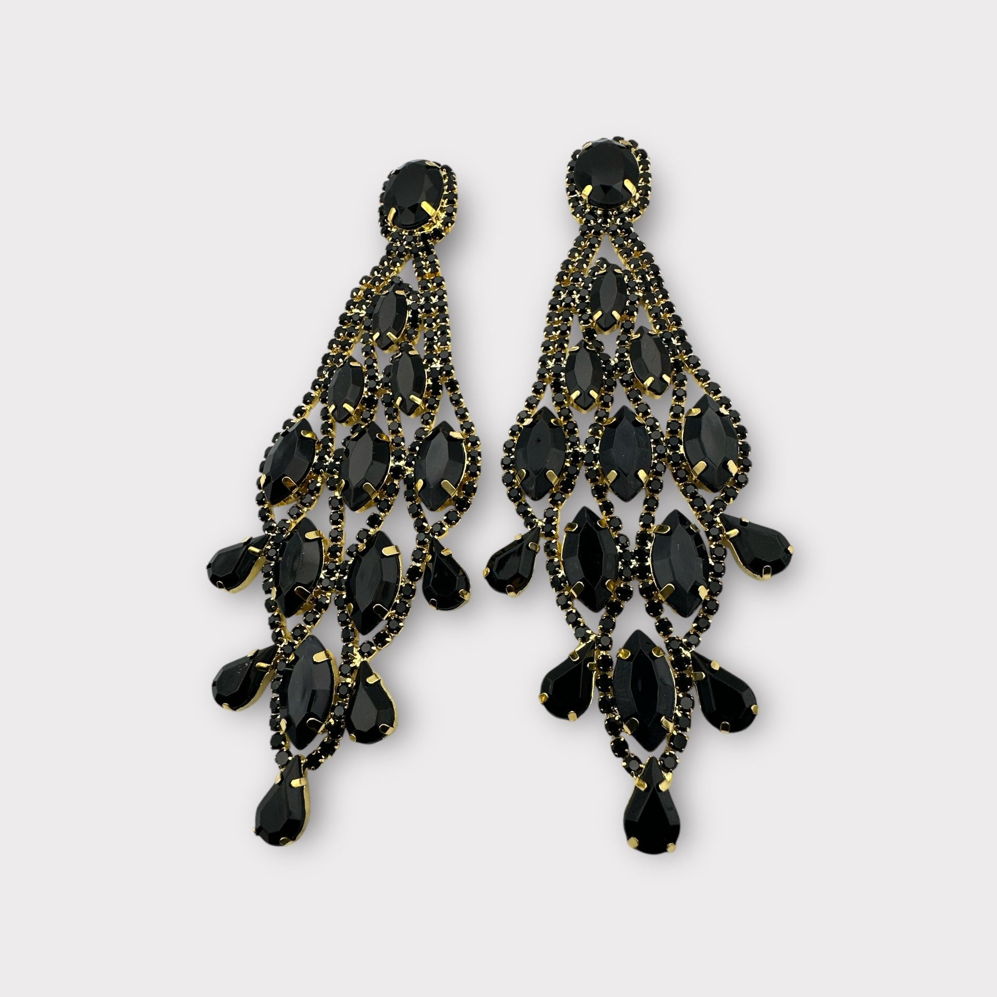 Long Black Glamorous Diamante Rhinestone Teardrop Tassel Statement Earrings - Fatisha Boutique