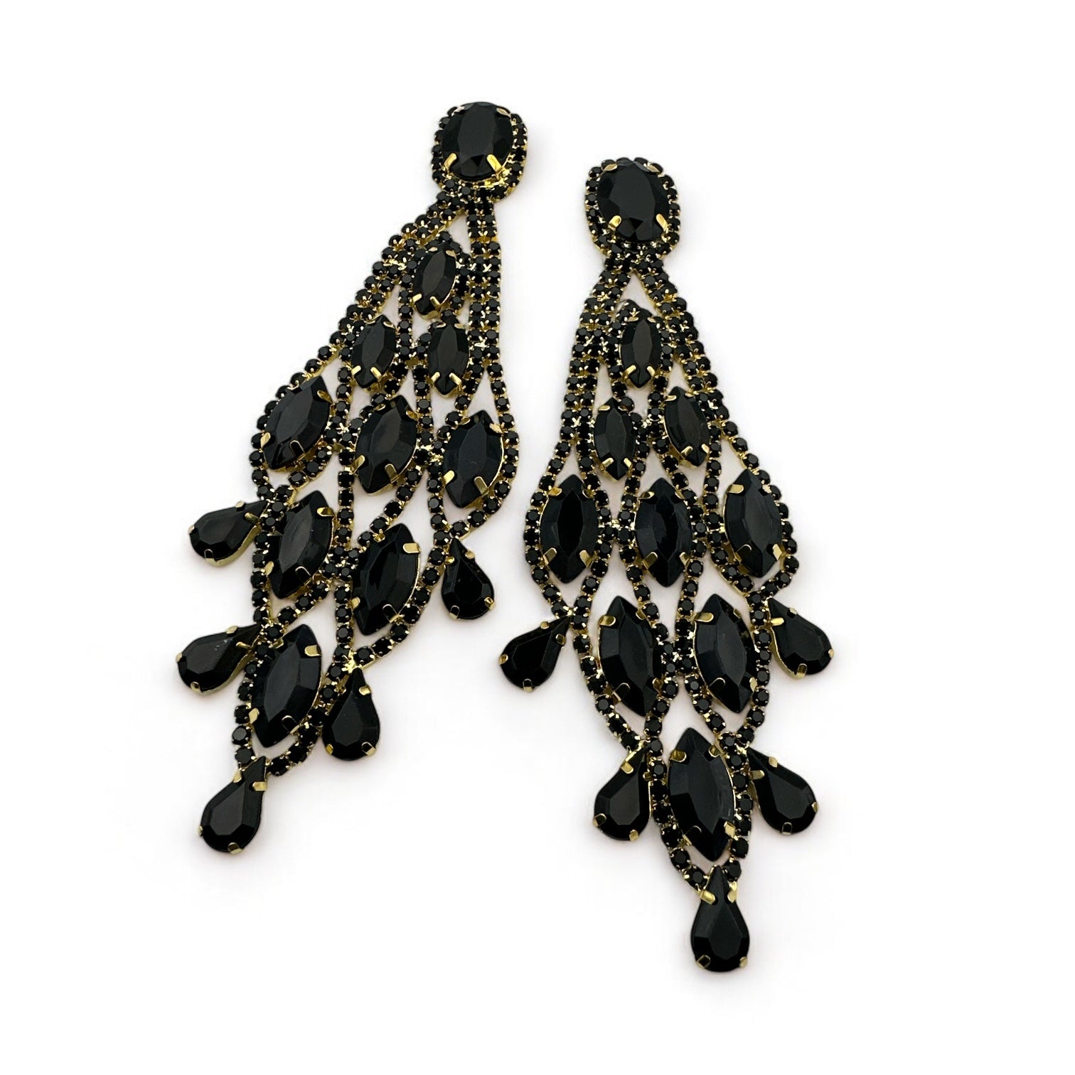 Long Black Glamorous Diamante Rhinestone Teardrop Tassel Statement Earrings - Fatisha Boutique