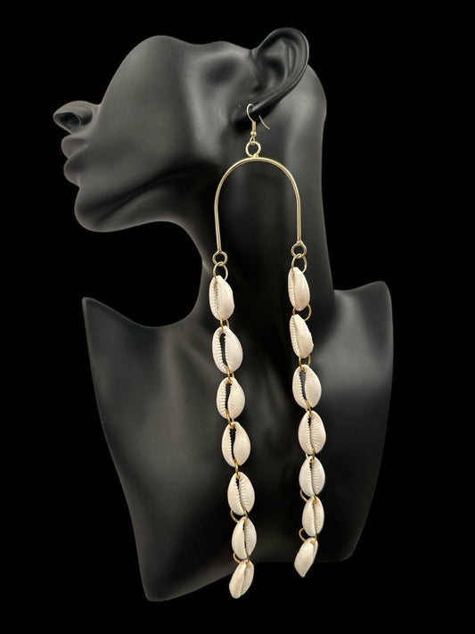 Long Cowrie Shell & Brass Earrings – Boho African Statement Dangle Jewellery - Fatisha Boutique