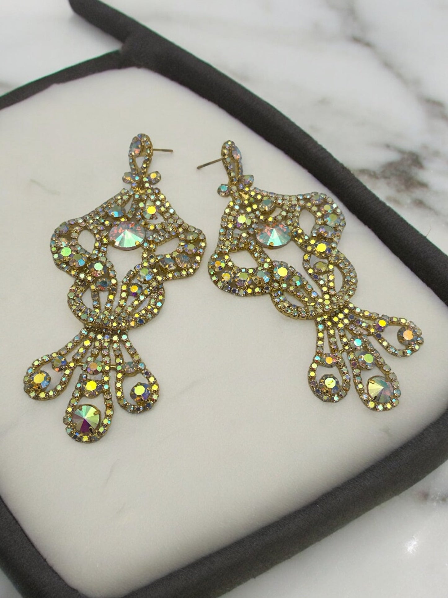 Long Elegant AB Colour Diamante Rhinestone Tassel Teardrop Dangle Earrings - Fatisha Boutique