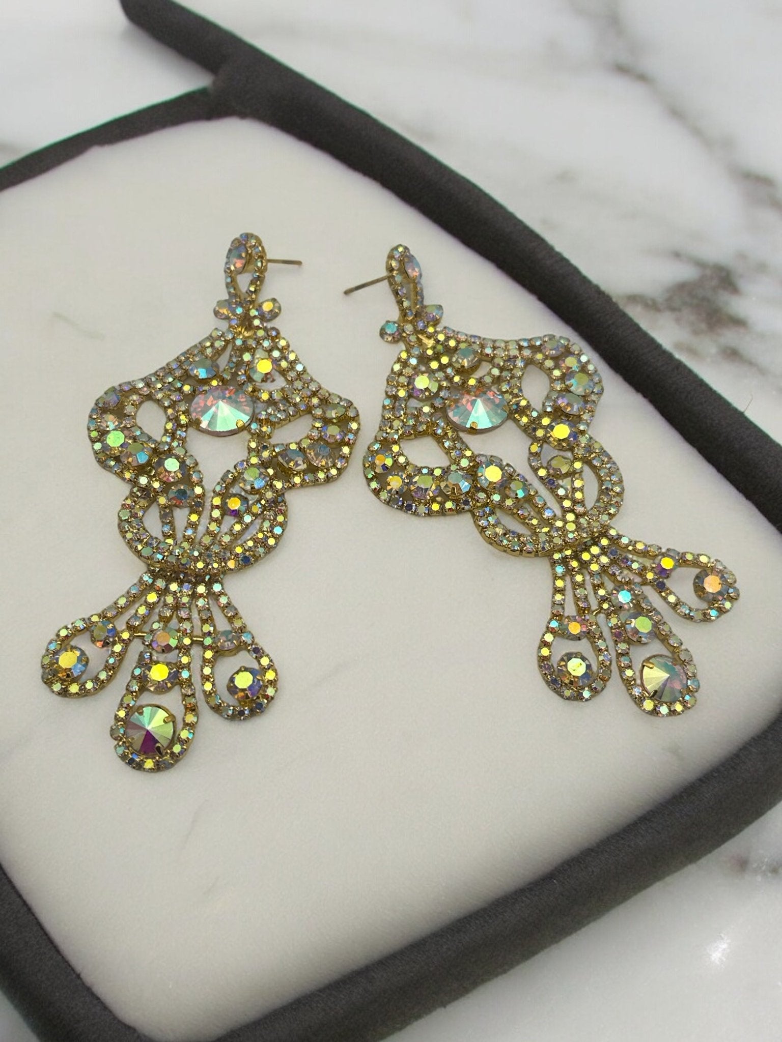Long Elegant AB Colour Diamante Rhinestone Tassel Teardrop Dangle Earrings - Fatisha Boutique