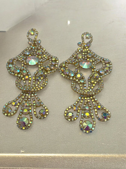 Long Elegant AB Colour Diamante Rhinestone Tassel Teardrop Dangle Earrings - Fatisha Boutique
