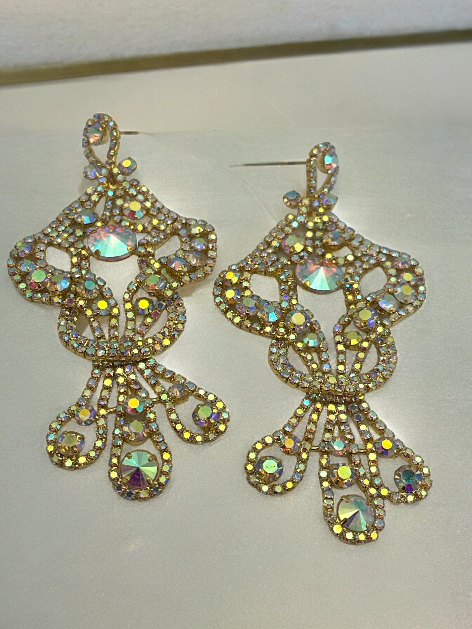 Long Elegant AB Colour Diamante Rhinestone Tassel Teardrop Dangle Earrings - Fatisha Boutique