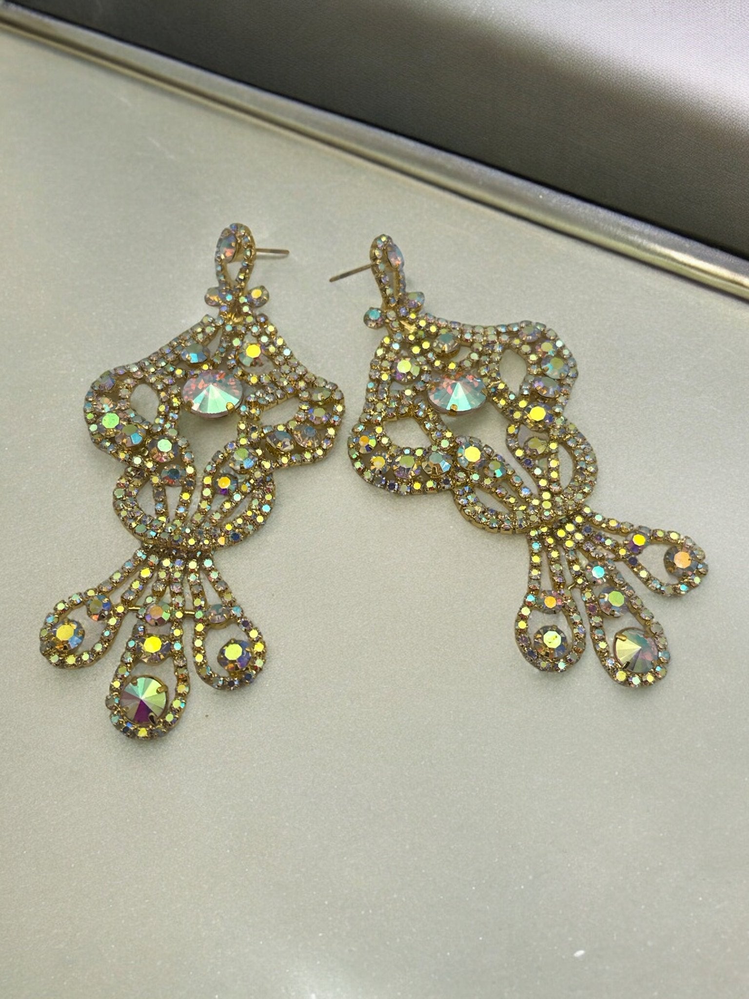 Long Elegant AB Colour Diamante Rhinestone Tassel Teardrop Dangle Earrings - Fatisha Boutique