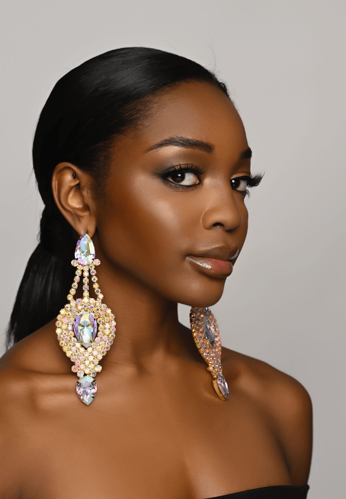 Long Elegant AB Colour Diamante Rhinestones Statement Dangle Earrings - Fatisha Boutique