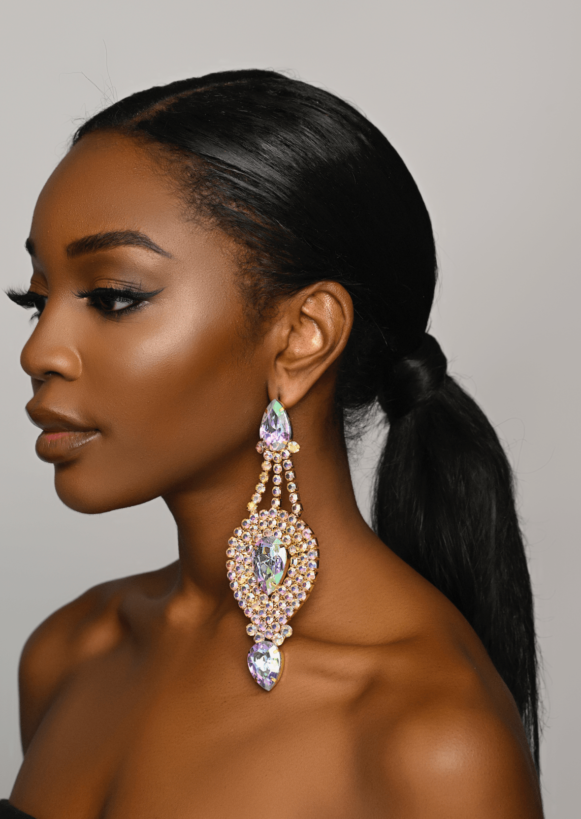 Long Elegant AB Colour Diamante Rhinestones Statement Dangle Earrings - Fatisha Boutique