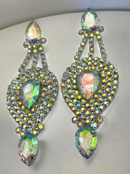 Long Elegant AB Colour Diamante Rhinestones Statement Dangle Earrings - Fatisha Boutique