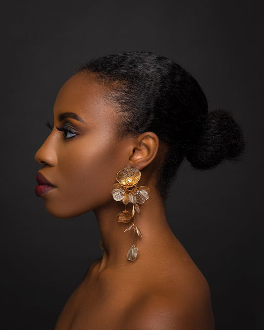 Long Elegant Alloy Flower Rhinestone Statement Dangle Earrings - Fatisha Boutique