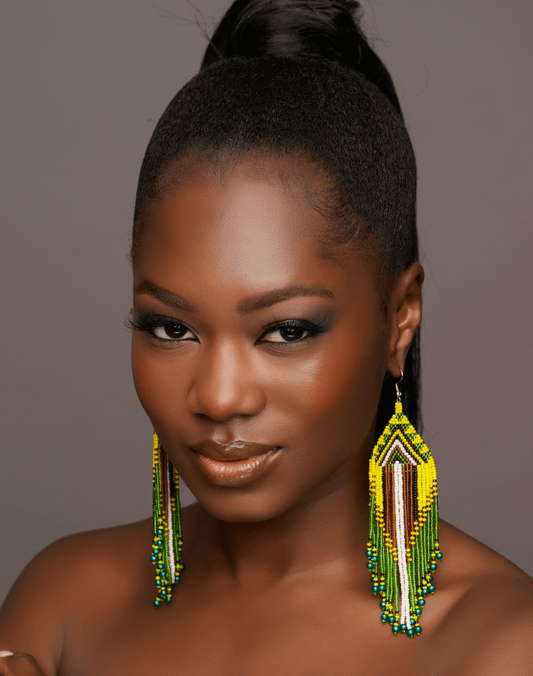Long Elegant Authentic Green African Ethnic Native Dangle Earrings - Fatisha Boutique