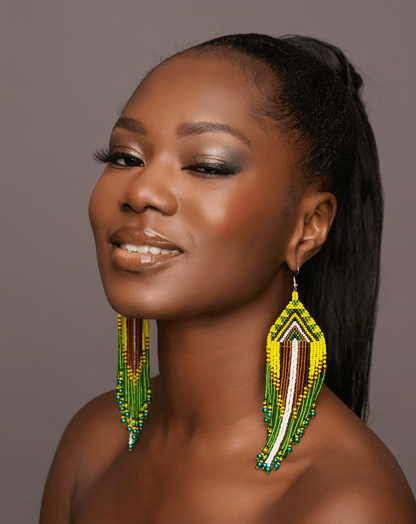 Long Elegant Authentic Green African Ethnic Native Dangle Earrings - Fatisha Boutique