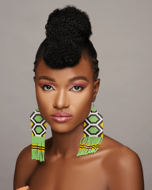 Long Elegant Authentic Green African Ethnic Native Dangle Statement Earrings - Fatisha Boutique